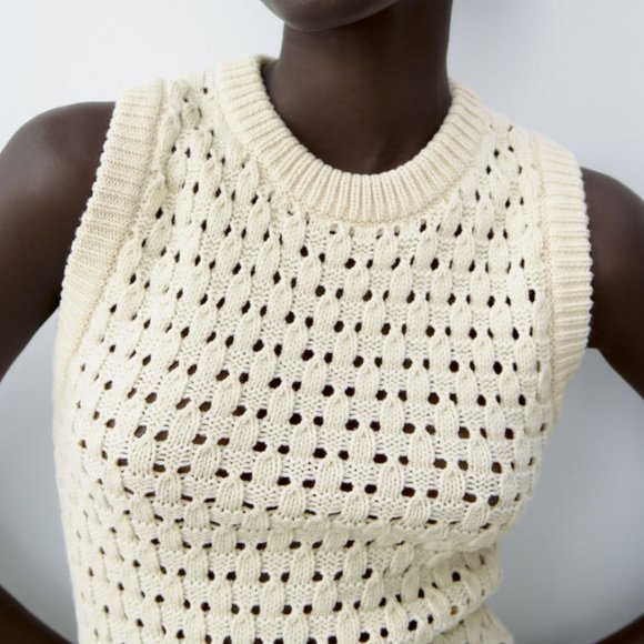 NWT ECRU BEIGE CREAM OPENWORK KNIT MINI DRESS. - Picture 4 of 8